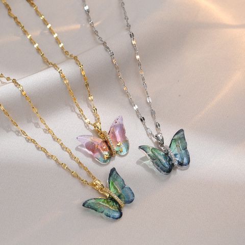 Titanium Steel Simple Style Patchwork Butterfly Pendant Necklace
