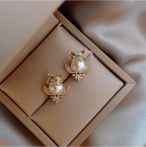 1 Pair Cute Simple Style Owl Plating Inlay Alloy Artificial Pearls Rhinestones Ear Studs
