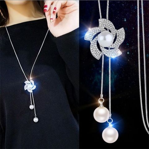 Wholesale Jewelry Elegant Streetwear Flower Alloy Artificial Rhinestones Artificial Pearls Sweater Chain