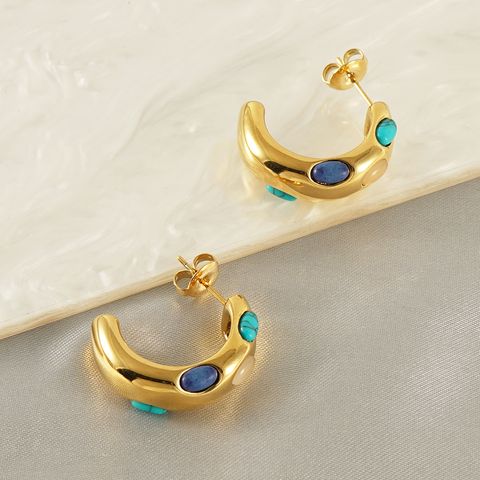 1 Pair Classical Romantic C Shape Inlay Stainless Steel Turquoise 18K Gold Plated Ear Studs