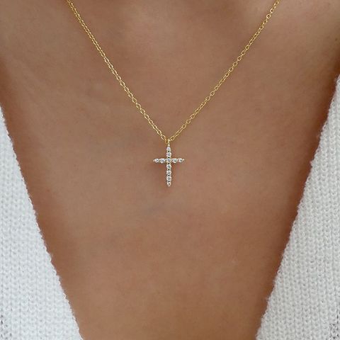 Ins Style Simple Style Cross Alloy Plating Inlay Zircon 18k Gold Plated Women's Pendant Necklace