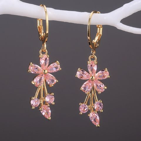 1 Pair Sweet Flower Copper Inlay Artificial Gemstones Earrings