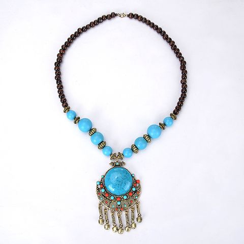 Ethnic Style Water Droplets Alloy Beaded Tassel Inlay Resin Women's Pendant Necklace Long Necklace