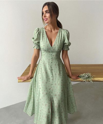 Women's Regular Dress Elegant V Neck Printing Button Short Sleeve Ditsy Floral Midi Dress Daily