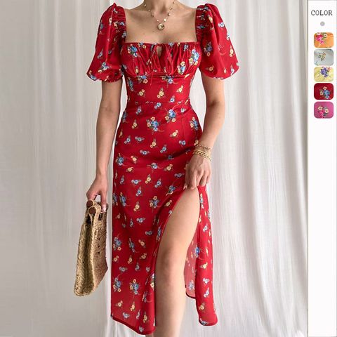 Women's Slit Dress Sexy Square Neck Printing Slit Zipper Short Sleeve Ditsy Floral Midi Dress Daily