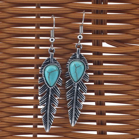 Ethnic Style Bohemian Leaf Alloy Plating Inlay Turquoise Women's Drop Earrings