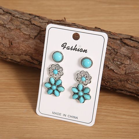 3 Pairs Retro Flower Inlay Alloy Turquoise Ear Studs