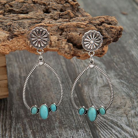 Ethnic Style Water Droplets Chrysanthemum Alloy Inlay Turquoise Women's Drop Earrings