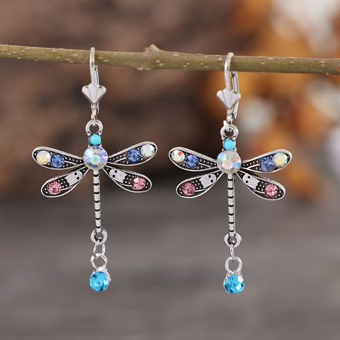 Vintage Style Colorful Dragonfly Alloy Inlay Artificial Gemstones Women's Drop Earrings