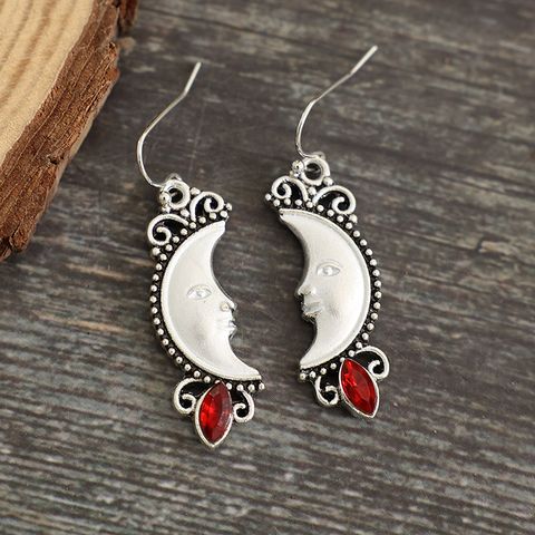 Retro Human Face Moon Alloy Inlay Obsidian Women's Drop Earrings