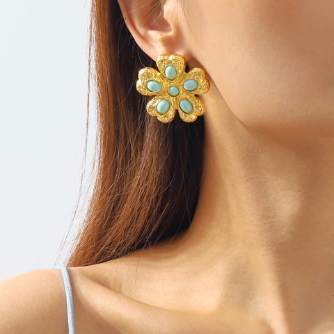 Elegant Retro Flower Alloy Turquoise Inlay Turquoise Women's Ear Studs