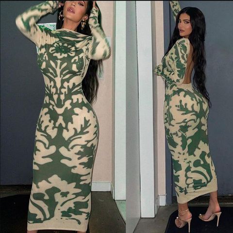 Women's Pencil Skirt Casual Elegant Sexy Round Neck Backless Long Sleeve Printing Maxi Long Dress Daily Date