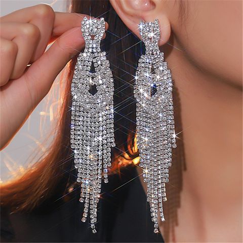 1 Pair Casual Solid Color Plating Inlay Copper Rhinestones Silver Plated Drop Earrings