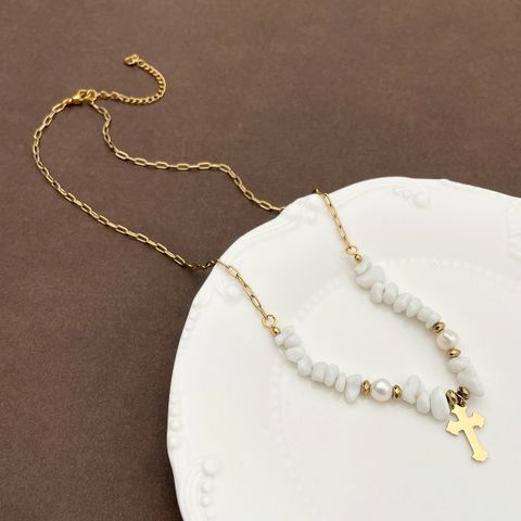 304 Stainless Steel Gravel Gold Plated Commute Plating Cross Natural Stone Pendant Necklace