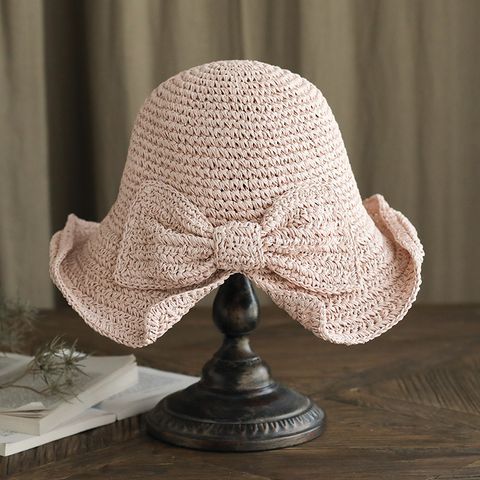 Women's Basic Solid Color Bowknot Crimping Straw Hat