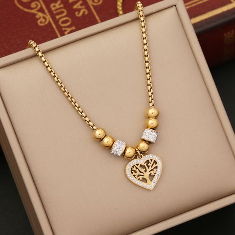 Titanium Steel 18K Gold Plated Casual Vintage Style Plating Hollow Out Inlay Tree Heart Shape Zircon