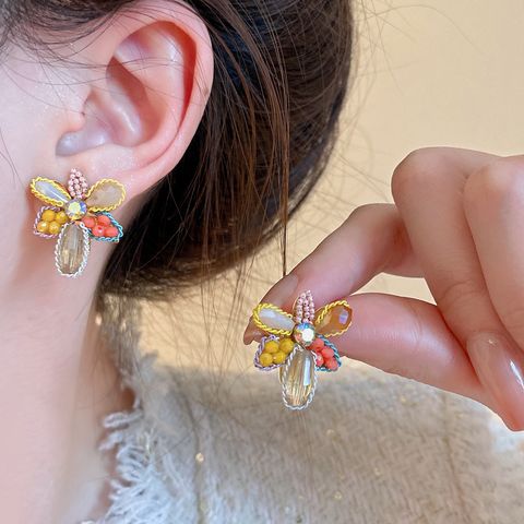 1 Pair Sweet Korean Style Flower Beaded Crystal Alloy Ear Studs