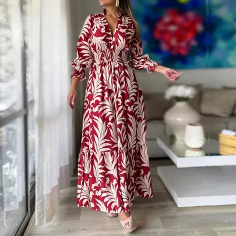 Women's Regular Dress Elegant V Neck Printing Long Sleeve Plant Maxi Long Dress Holiday Daily