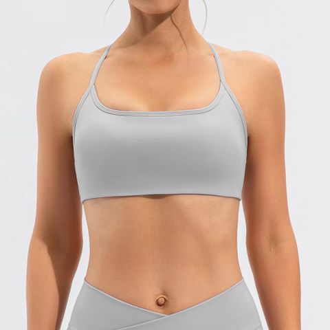 Sports Solid Color Nylon Halter Neck Backless Active Tops Crop Top