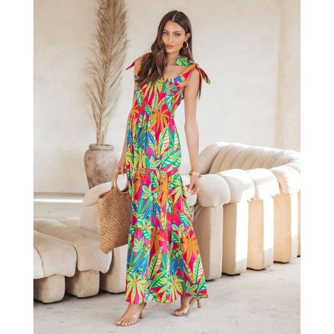 Women's Strap Dress Elegant Square Neck Printing Sleeveless Flower Maxi Long Dress Travel Daily