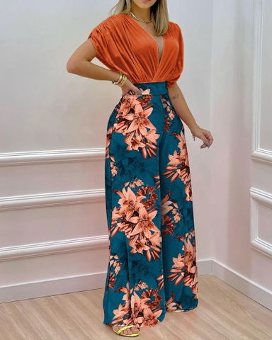 Women's Streetwear Color Block Flower Polyester Printing Pants Sets