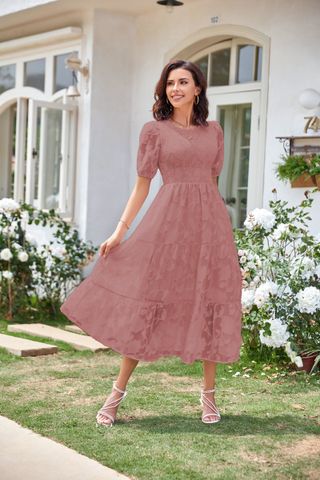 Women's Regular Dress Casual Round Neck Pleated Short Sleeve Solid Color Midi Dress Daily