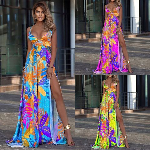 Women's Regular Dress Classic Style V Neck Printing Sleeveless Leaves Maxi Long Dress Street