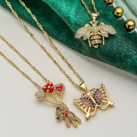 Cute Shiny Bear Bee Butterfly Copper Enamel Plating Inlay Zircon 18k Gold Plated Pendant Necklace