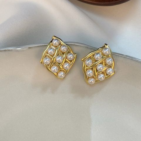 Korean Style Rhombus Alloy Inlay Artificial Pearls Women's Ear Studs