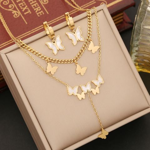 Stainless Steel 18K Gold Plated Elegant Layered Plating Inlay Butterfly Shell Bracelets Earrings Necklace