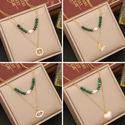 Wholesale Retro Tree Heart Shape Eye Stainless Steel Malachite Inlay 18K Gold Plated Artificial Diamond Pearl Layered Necklaces