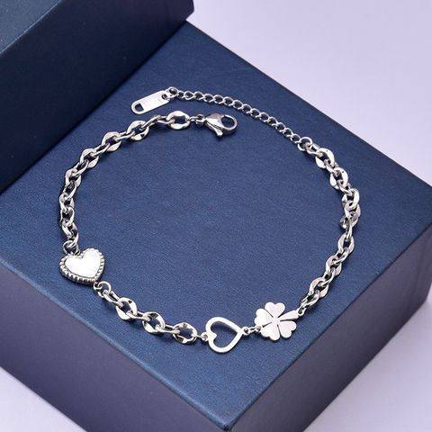 Vacation Four Leaf Clover Heart Shape Titanium Steel Plating Inlay Shell 18k Gold Plated Silver Plated Women's Anklet