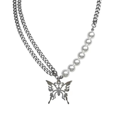 Hip-hop Butterfly Artificial Pearl Titanium Steel Plating Pendant Necklace
