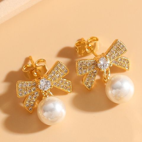 1 Pair Elegant Classic Style Bow Knot Asymmetrical Inlay Copper Zircon 14k Gold Plated Drop Earrings