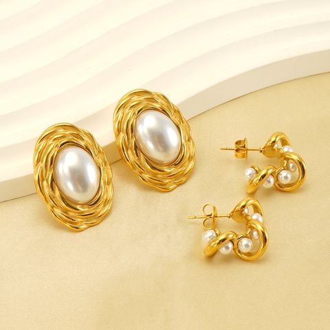 1 Pair Elegant Irregular Oval Solid Color Polishing Plating Inlay 304 Stainless Steel Artificial Pearls 18K Gold Plated Ear Studs
