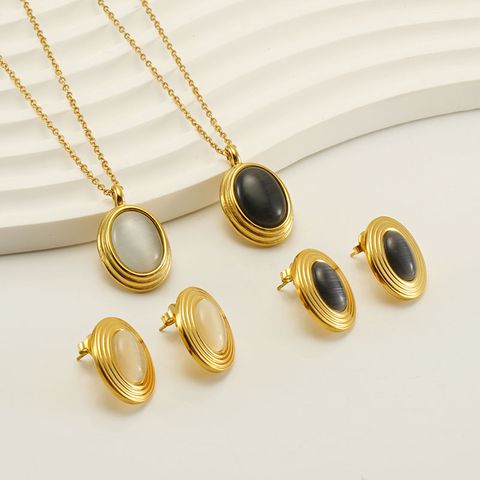 304 Stainless Steel 18K Gold Plated Elegant Plating Inlay Oval Natural Stone Earrings Necklace