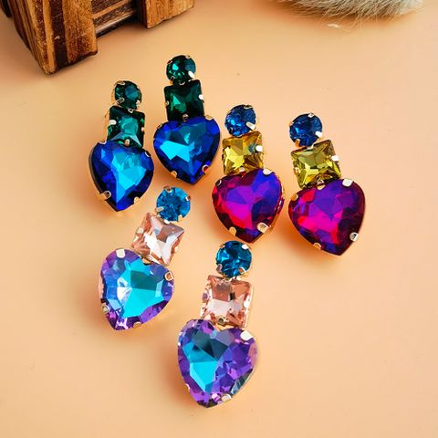 Elegant Shiny Square Heart Shape Alloy Inlay Resin Rhinestones Women's Drop Earrings