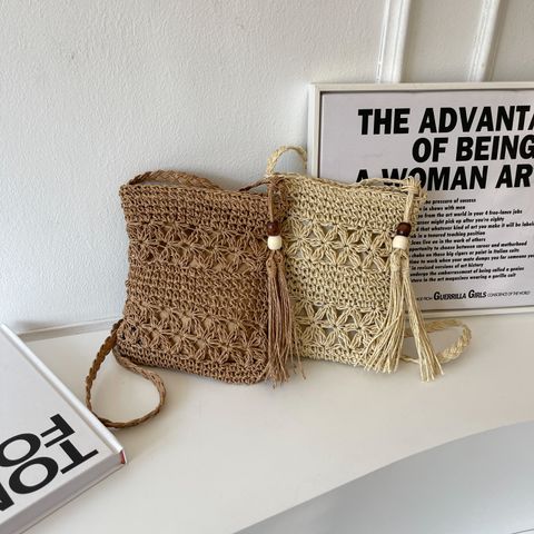Women's Straw Solid Color Vacation Weave Square Zipper Shoulder Bag Beach Bag