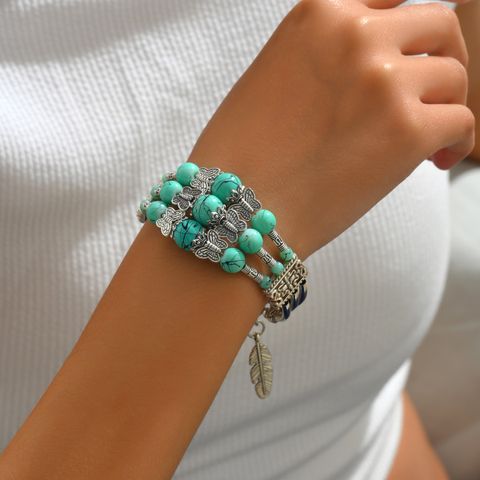 Elegant Ethnic Style Feather Butterfly Alloy Zinc Plating Inlay Turquoise Silver Plated Women's Bangle
