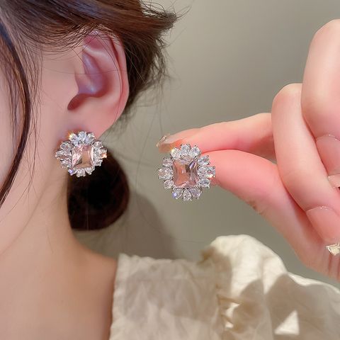 Korean Style Oval Alloy Inlay Artificial Gemstones Women's Ear Studs