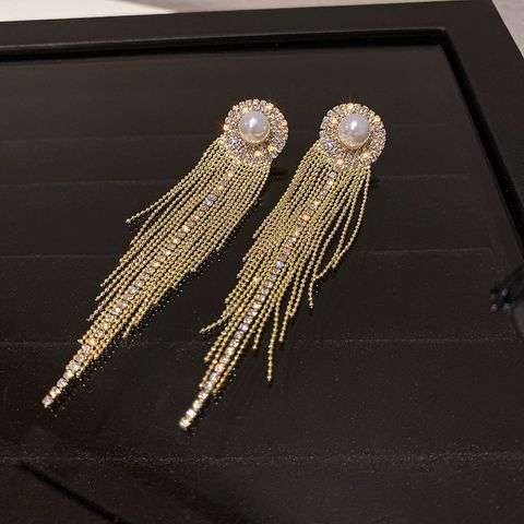 Shiny Tassel Alloy Inlay Rhinestones Pearl Women's Drop Earrings