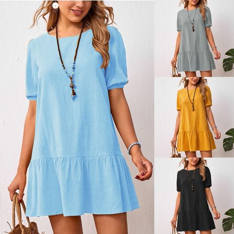 Women's A-line Skirt Elegant Streetwear Round Neck Pleated Half Sleeve Solid Color Knee-length Holiday