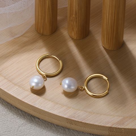 1 Pair Elegant Simple Style Round Plating Freshwater Pearl Sterling Silver Drop Earrings