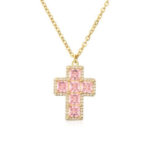 Ig Style Cross Copper Inlay Zircon Pendant Necklace