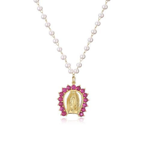 Vintage Style Classic Style Virgin Mary Imitation Pearl Copper Inlay Zircon Women's Pendant Necklace