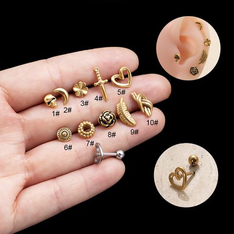 1 Piece Ear Cartilage Rings & Studs Retro Four Leaf Clover Moon Heart Shape 316 Stainless Steel  Plating