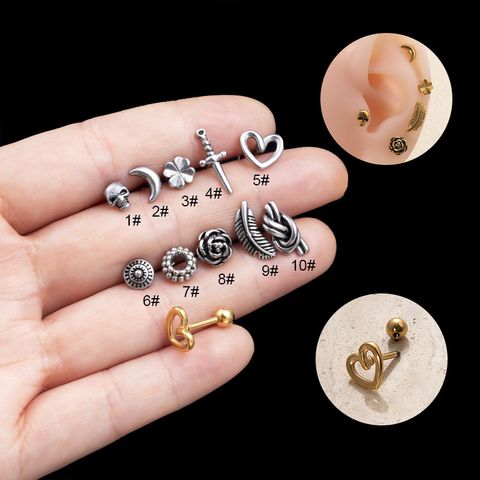 1 Piece Ear Cartilage Rings & Studs Retro Four Leaf Clover Moon Heart Shape 316 Stainless Steel  Plating