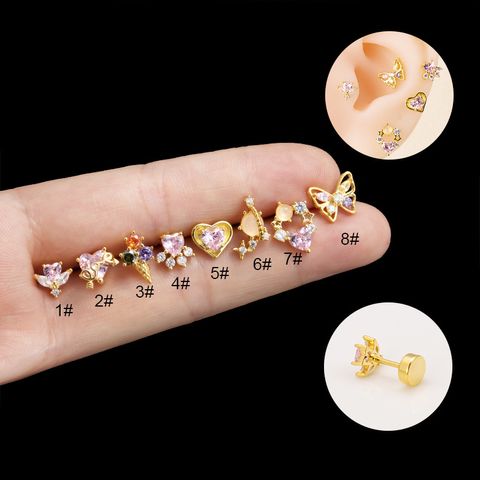 1 Piece Ear Cartilage Rings & Studs IG Style Heart Shape Butterfly Copper Plating Inlay Zircon