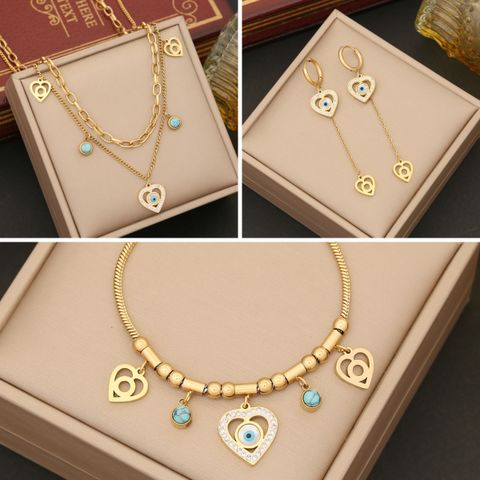 Stainless Steel 18K Gold Plated Elegant Plating Inlay Heart Shape Eye Artificial Diamond Turquoise Bracelets Earrings Necklace