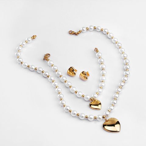 Stainless Steel Artificial Pearl 18K Gold Plated Elegant Beaded Heart Shape Bracelets Earrings Necklace